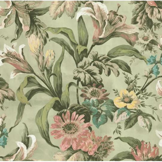 vlies tapeta klasszikus romantikus botanikus vintage elegancia nagy lepteku liliomok mezei viragok dus levelek zsalyazold.jpg